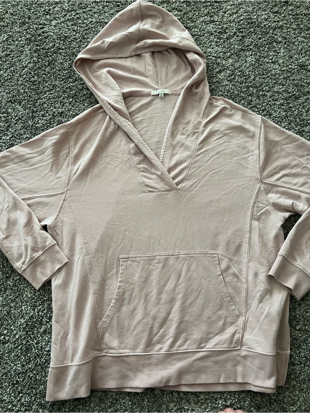 Z Supply Light Pink Split Side Hooded Pullover with V-Neck and Kangaroo Pocket